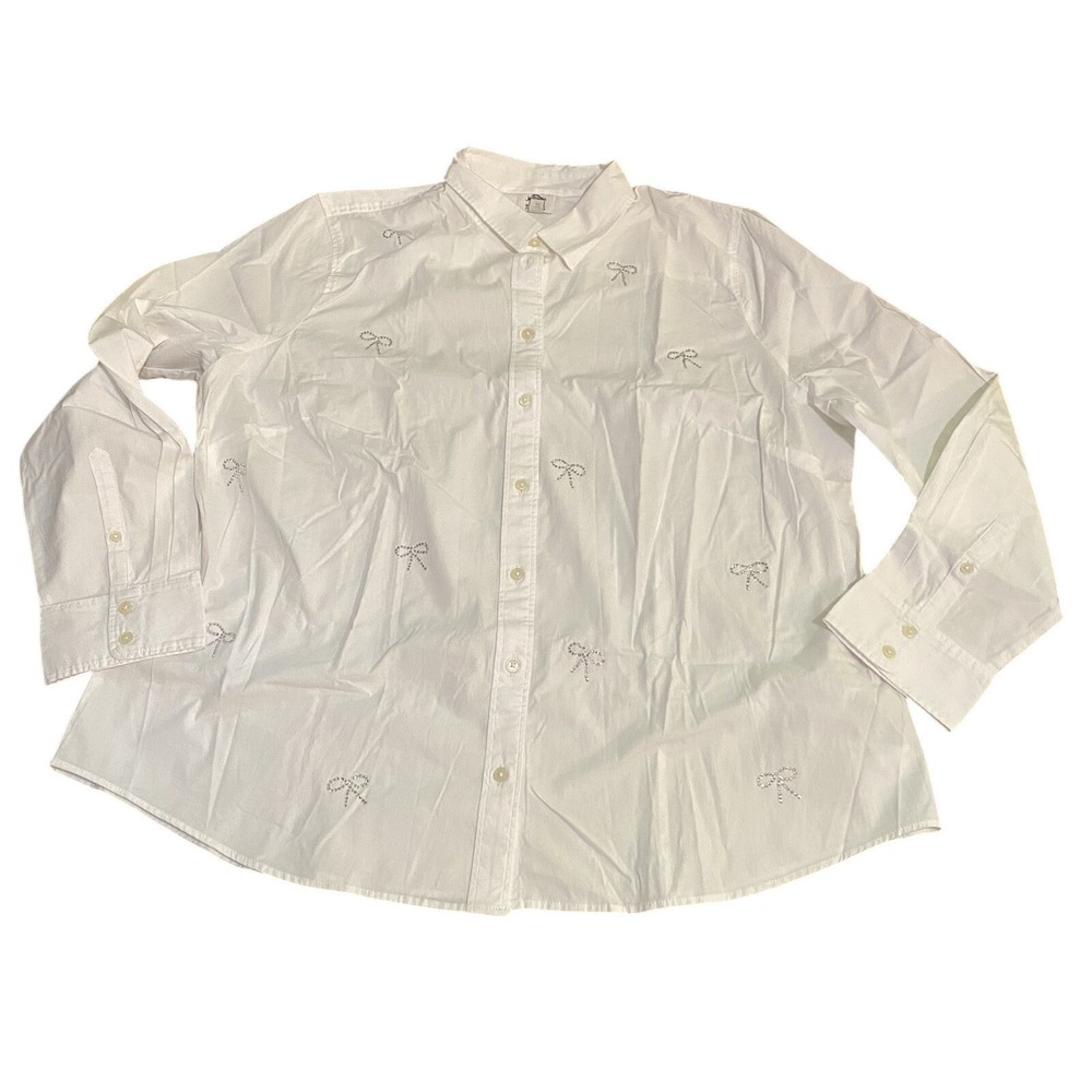 J Crew Factory NWT Jeweled Bow Button Up Shirt White Cotton 2x Festive Holiday - Picture 3 of 9